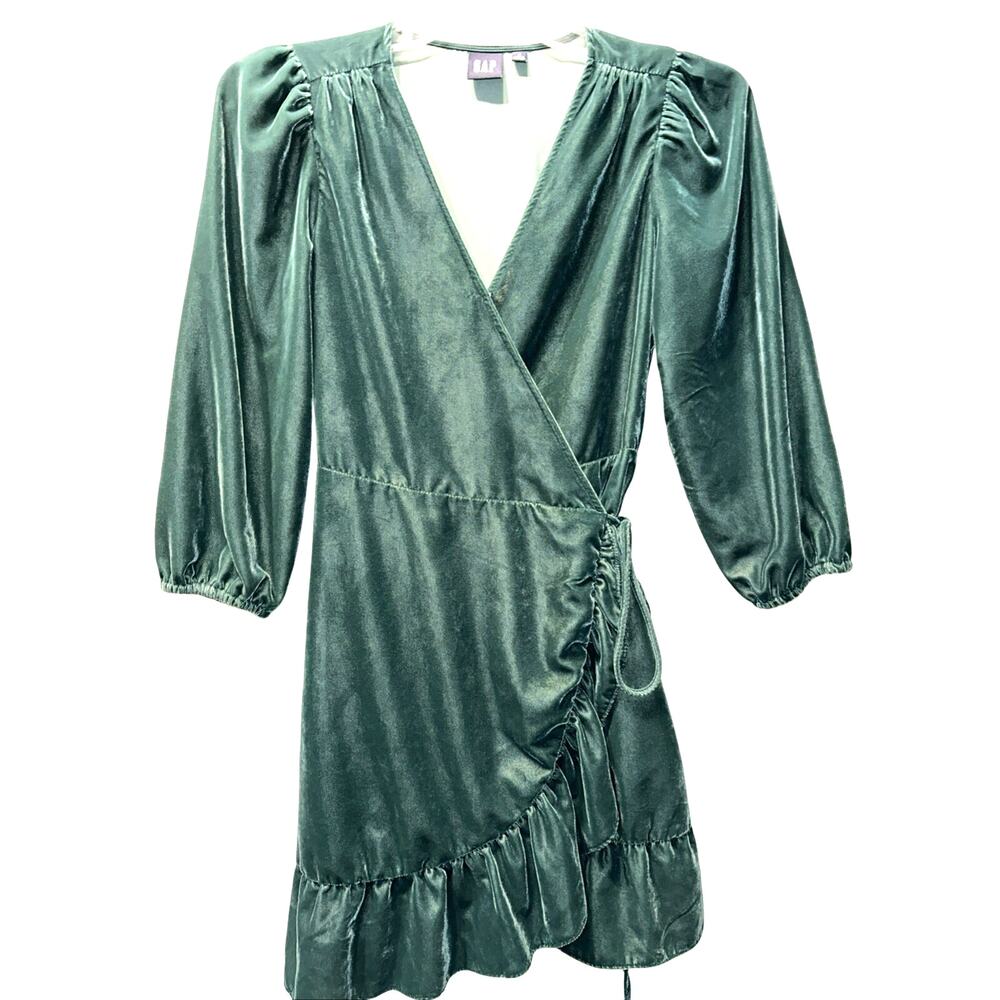 Gap Women's Small Green Velvet Ruffle Wrap Dress Holiday Festive Party Xmas